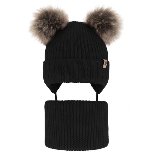 Komplet zimní dívčí: čepice a tunel, černý, zavazovací, 100% merino vlněný, se dvěma bambulemi, Silvia