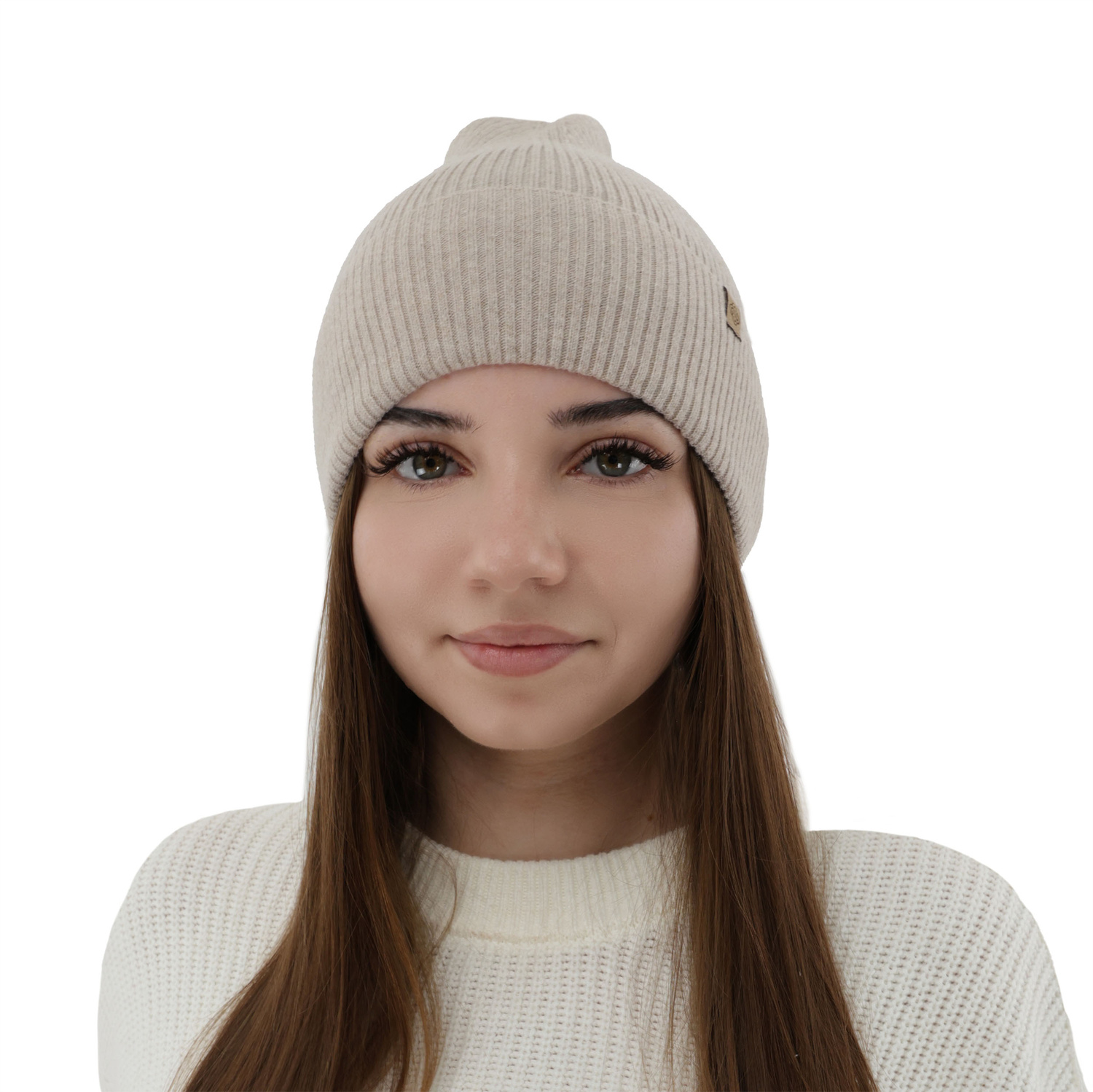 Dámská podzimní, zimní čepice, světle béžová, z merino vlny s kašmírem, Alineta