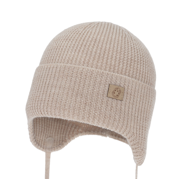 Chlapecká zimní, podzimní, jarní čepice, jasnobeżowa, 100% merino vlněná, zavazovací, Bakadi