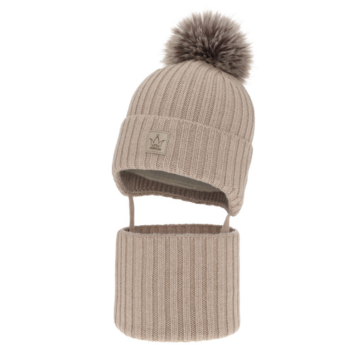 Komplet zimnej dívčí: čepice a tunel béžový 100% extra fine merino vlna s podšívkou z vlnené Martina