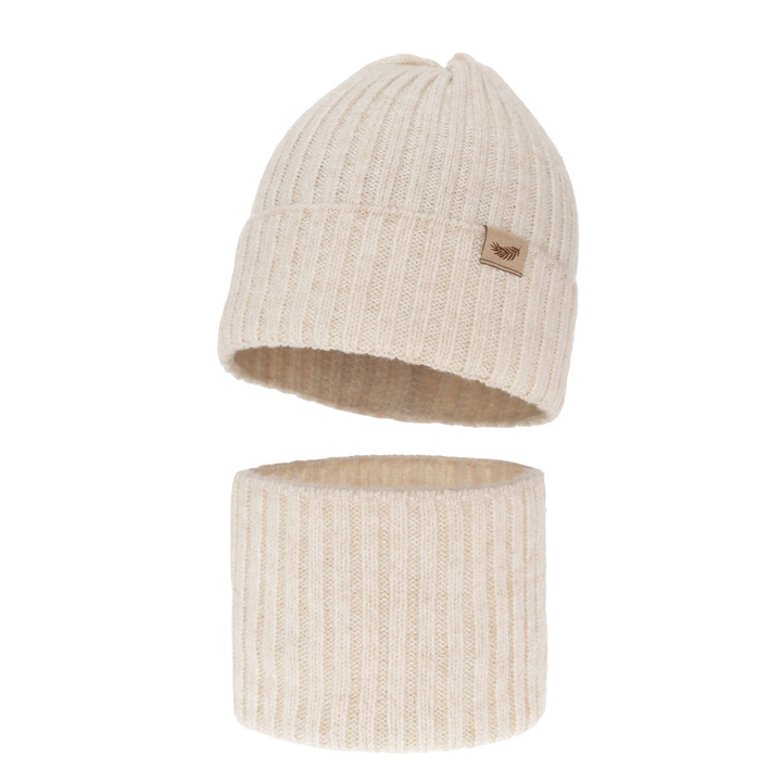 Komplet zimný dievčenský: čiapka a tunel béžový s merino vlnou Karmina