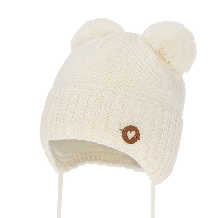 Dívčí zimní čepice, krémová, zavazovací, s merino vlnou, Mesyna