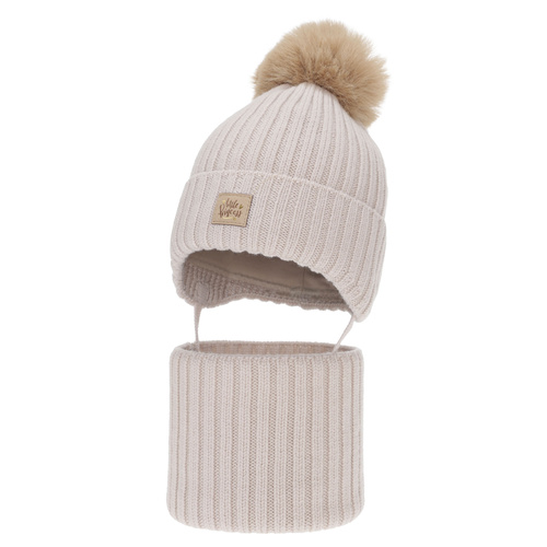 Komplet zimní dívčí: čepice a tunel, béžový, 100% merino vlněný, zavazovací, podšitý bavlnou, Malesia