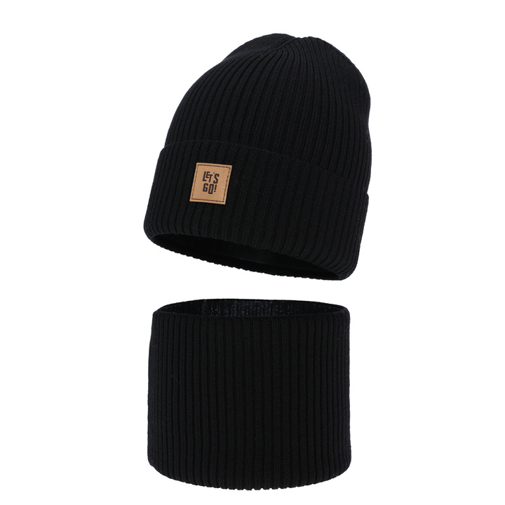 Komplet podzimní, jarní chlapecký: čepice a tunel černý 100% merino vlna Vanto