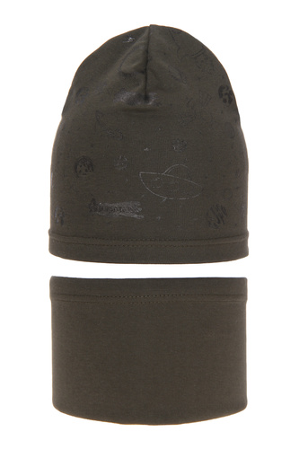 Komplet podzimní/jarní chlapecký: čepice a tunel khaki Kosmos