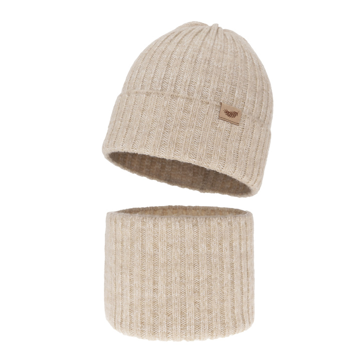 Komplet zimný dievčenský: čiapka a tunel béžový s merino vlnou Karmina