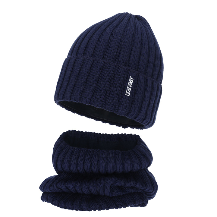 Komplet zimní chlapecký: čepice a tunel, modrý, s merino vlnou, podšitý fleece, Banasko