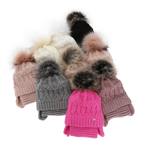 Komplet zimní dívčí: čepice a tunel růžový s bambulí Elena