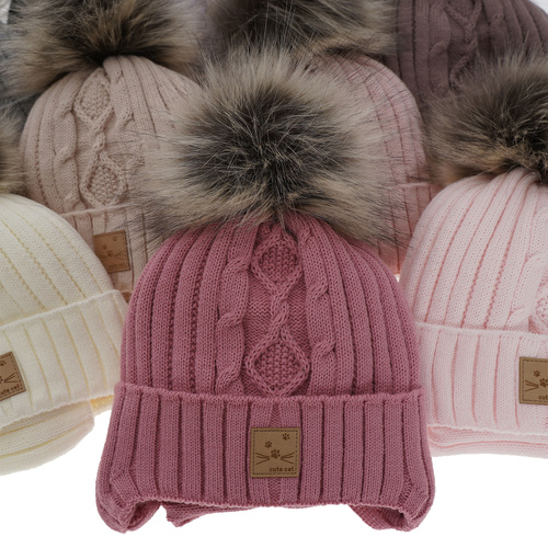 Komplet zimní dívčí: čepice a tunel růžový s bambulí Aida