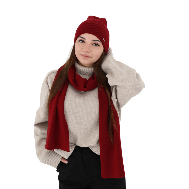 Dámský jarní/zimní set: čepice a šála bordó 100% extra fine merino vlna Melpomena