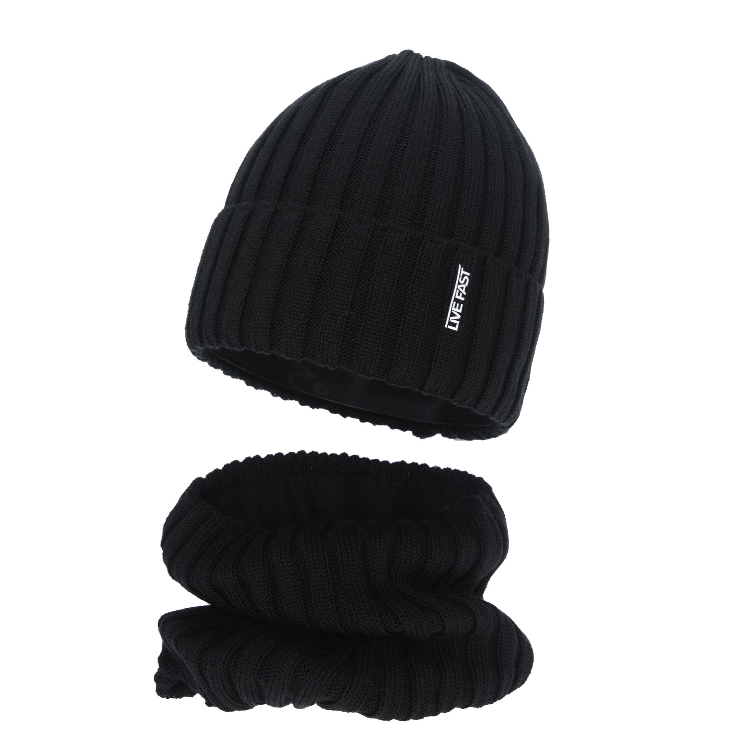 Komplet zimní chlapecký: čepice a tunel, černý, s merino vlnou, podšitý fleece, Banasko