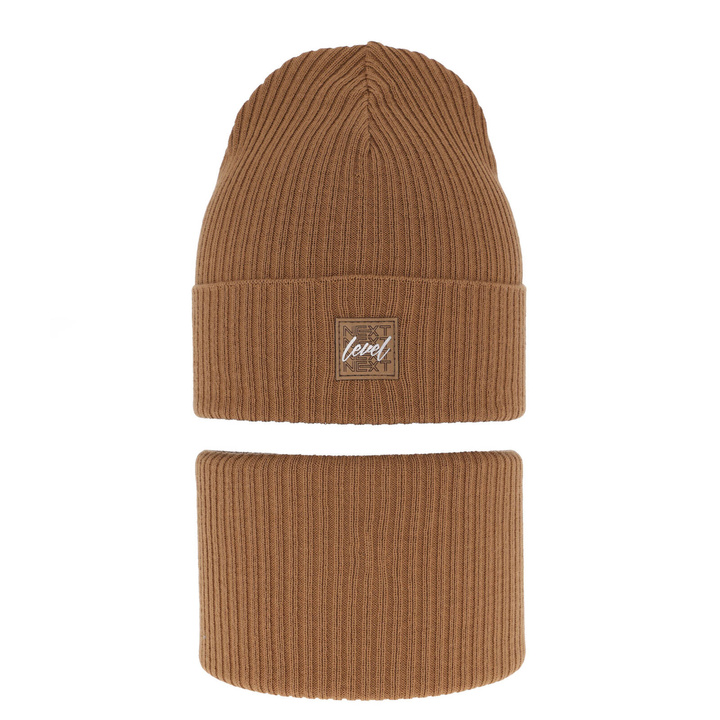 Komplet podzimní/jarní chlapecký: čepice a tunel, s bavlnou, camel Fenix