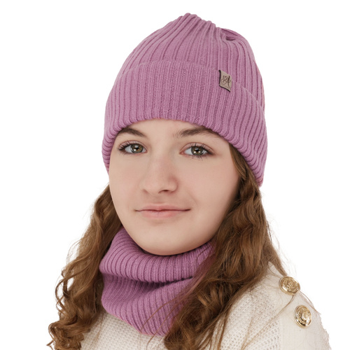 Komplet zimní dívčí: čepice a tunel, růžový, 100% merino vlna, Patricia