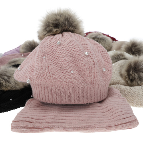 Beret a tunel zimní dívčí, bordový, podšitý fleece, s bambulí, Jeanette