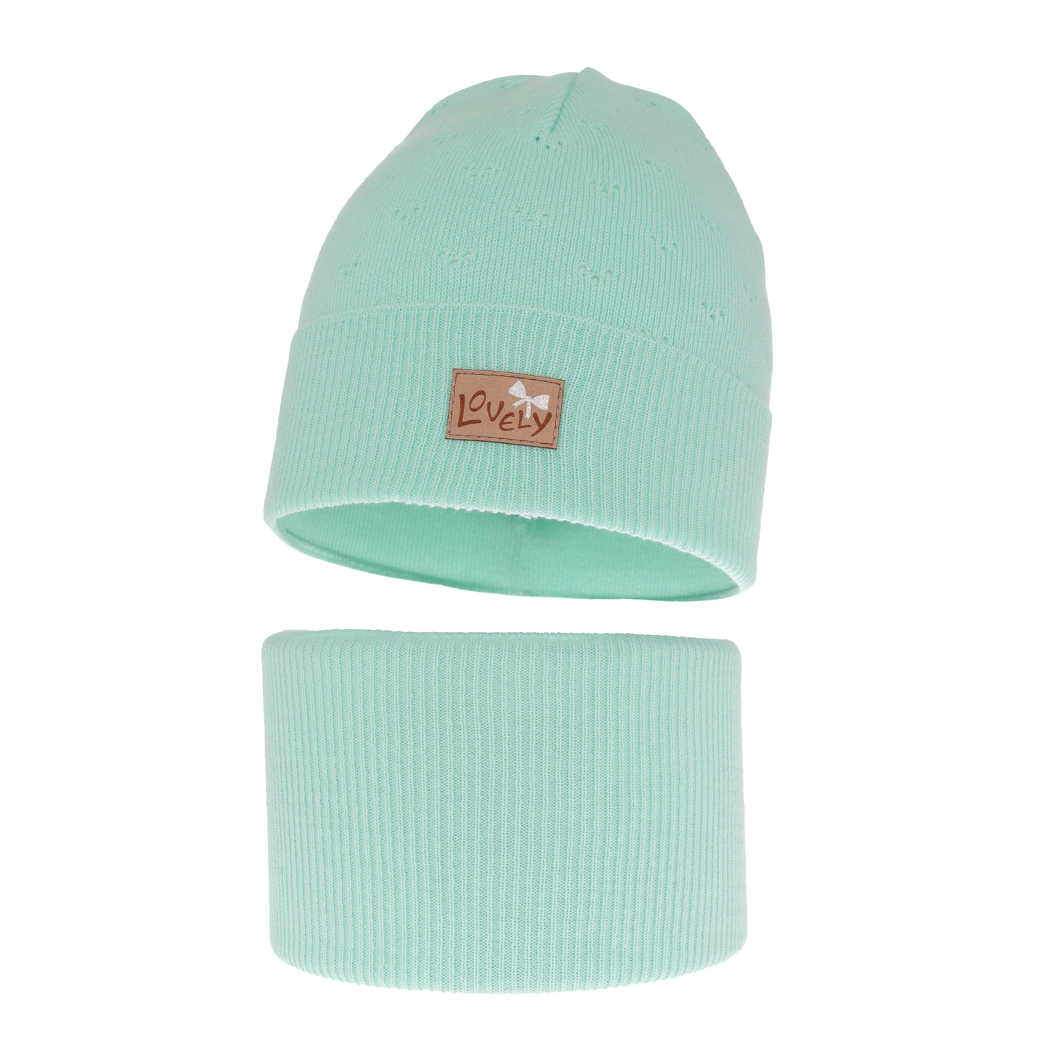 Komplet podzimní/jarní dívčí: čepice a tunel, s bavlnou, mátový Alisa