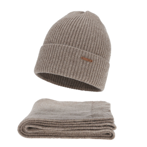 Komplet zimní dámský: čepice a šála, tmavě béžový, s merino vlnou, Seala