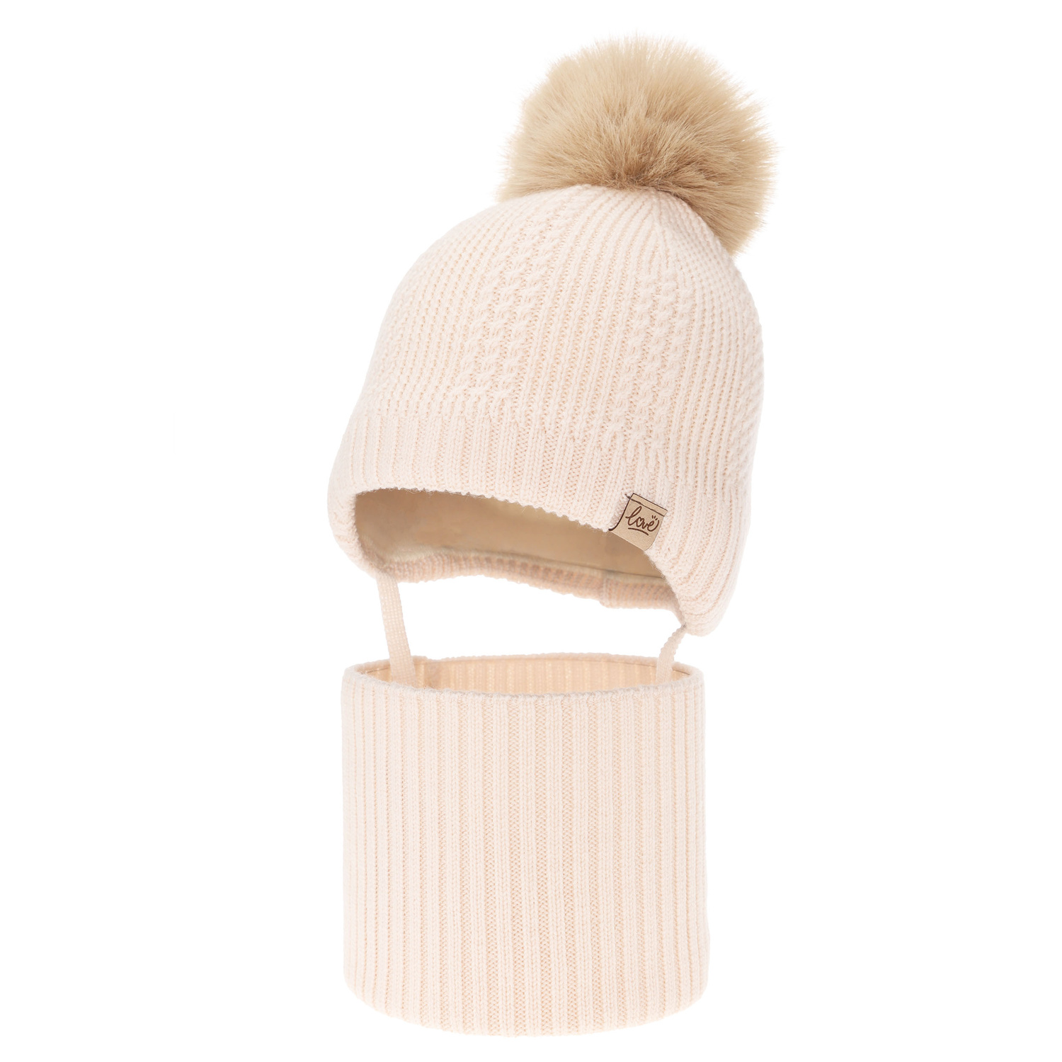 Čepice a tunel dívčí zimní komplet, světle růžový, 100% merino vlněný, podšitý vlněným polarem, zavazovací Danielle