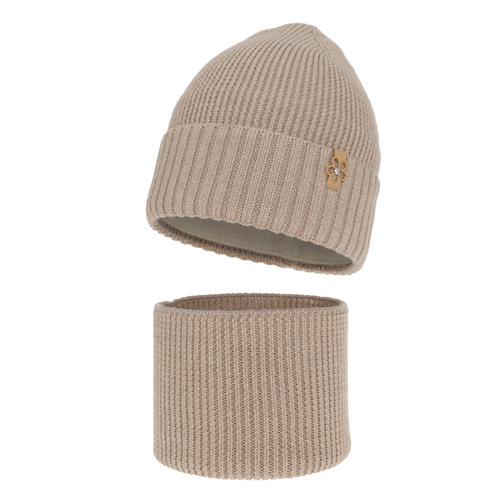 Komplet zimný dievčenský čiapka a tunel béžový 100% extrafine merino vlna Nelita