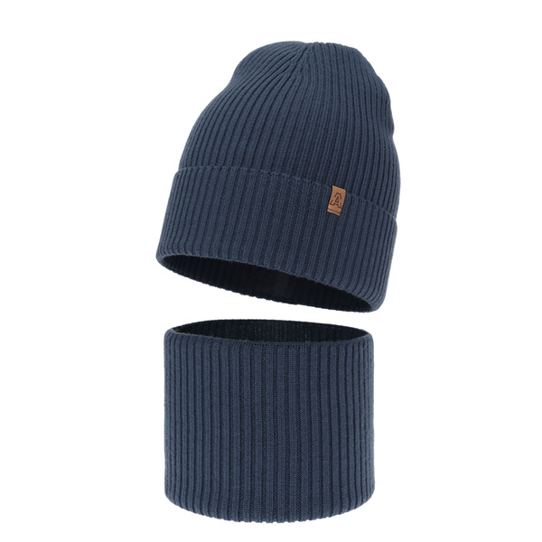 Komplet podzimní/jarní chlapecký: čepice a tunel modrý 100% extrafine merino vlna Lemas