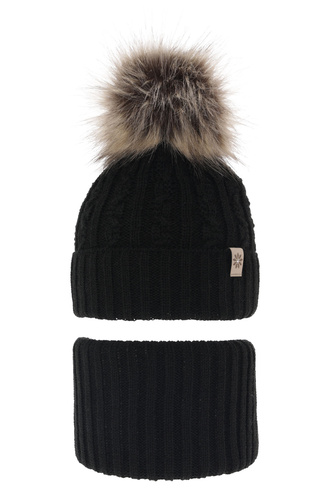 Komplet zimní dívčí: čepice a tunel černý bambulí Pretoria