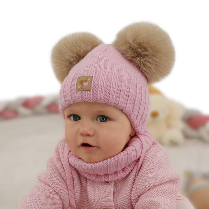 Dívčí čepice a nákrčník, zimní set, růžový, 100% merino vlna, podšitý vlněným polarem, Ronia