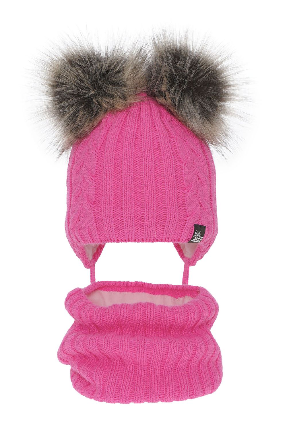 Komplet zimní dívčí: čepice a tunel růžový se dvěma bambulemi Marlen