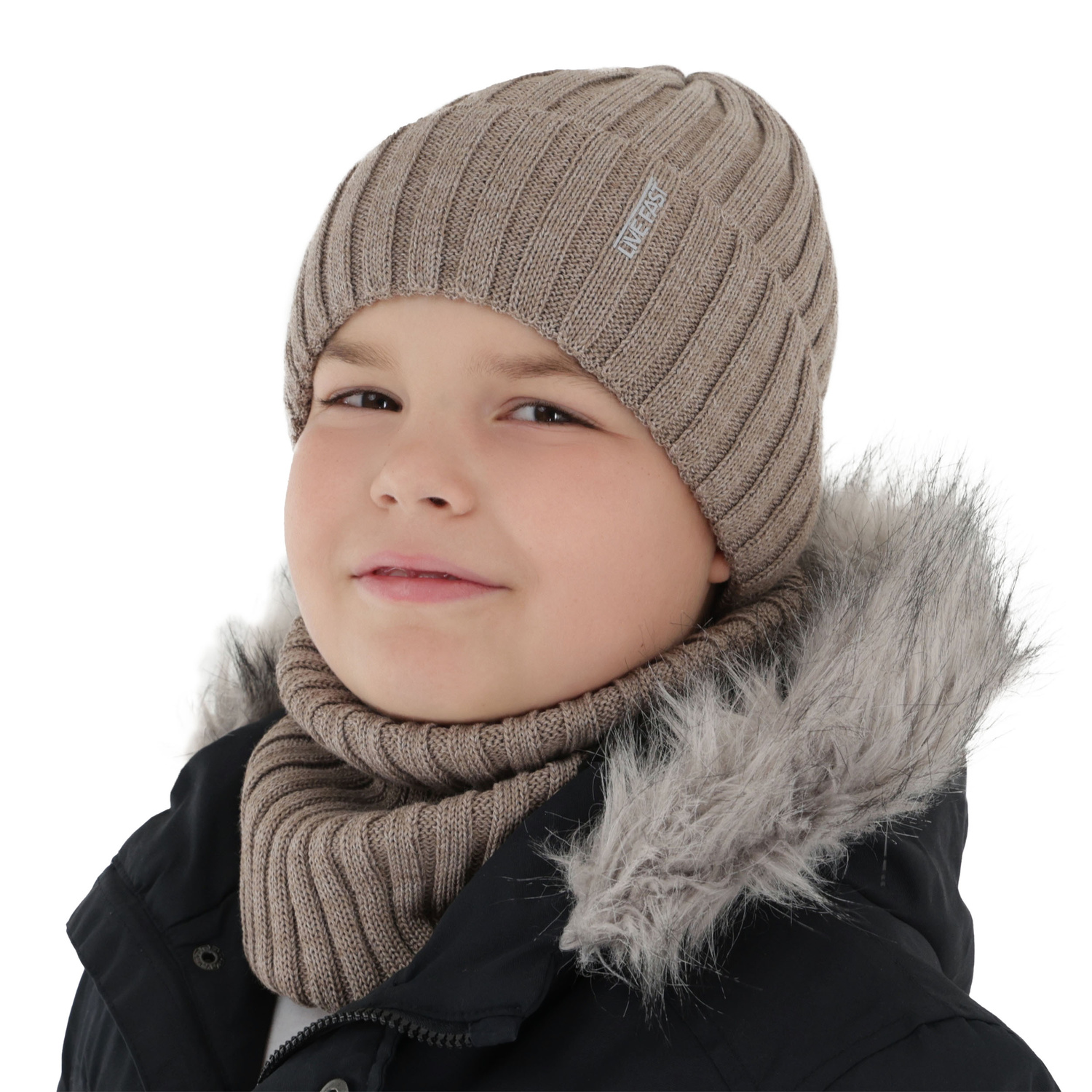 Komplet zimní chlapecký: čepice a tunel, camel, s merino vlnou, podšitý fleece, Banasko