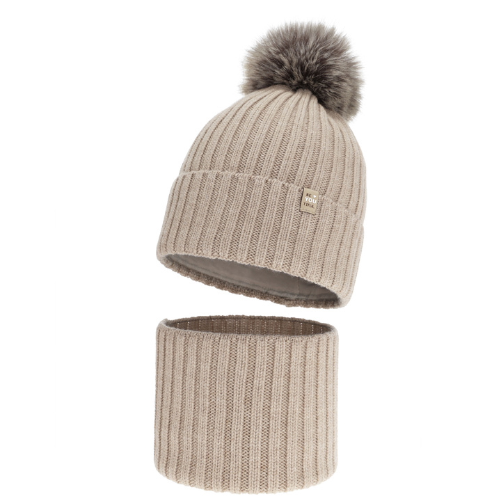 Komplet zimní dívčí: čepice a tunel, bežová, 100% merino vlněná, podšitá bavlnou, s bambulí, Terida