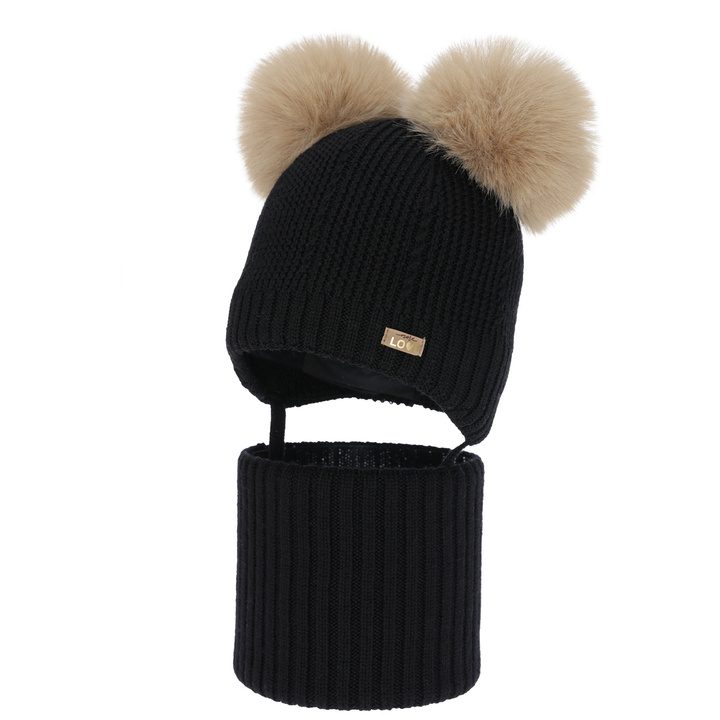 Dívčí čepice a nákrčník, zimní set, černý, 100% merino vlna, podšitý vlněným polarem, Lumia