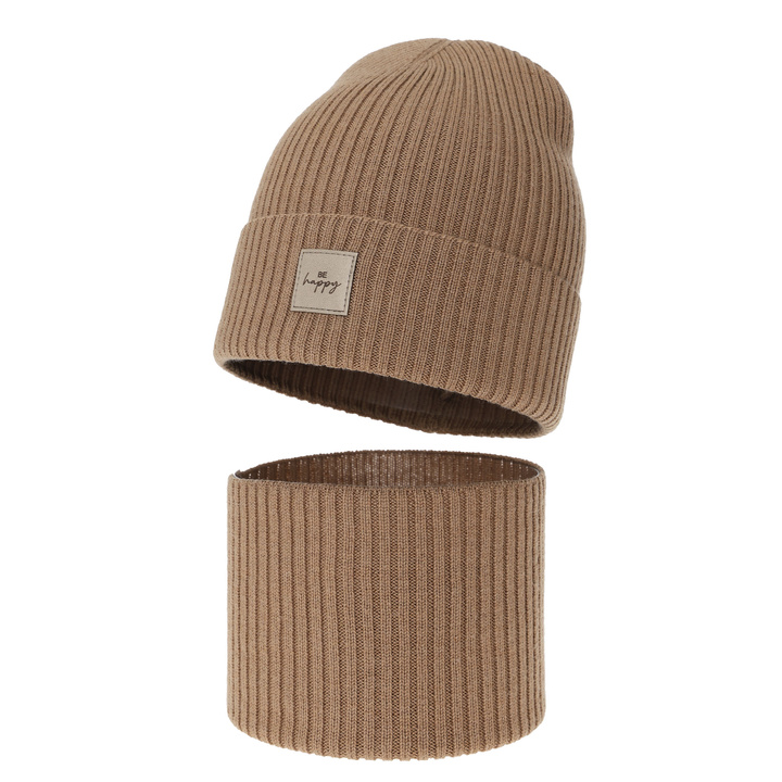 Komplet podzimní, jarní dívčí: čepice a tunel, camel, 100% merino vlna, Vanita