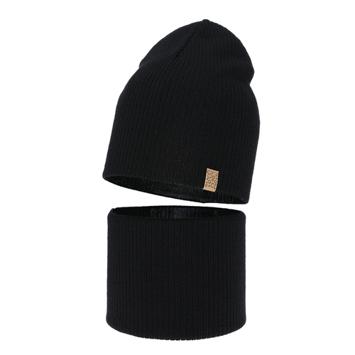 Komplet jesenný/jarný dievčenský čiapka a tunel černý 100% extrafine merino vlna Ricona