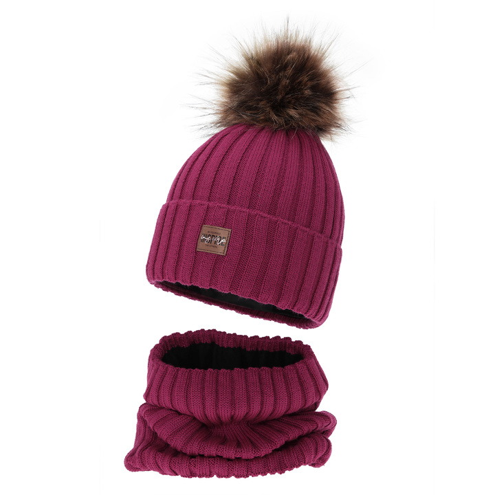 Komplet zimní dívčí: čepice a tunel, amarantový, podšitý fleecí, s merino vlnou, Bellina