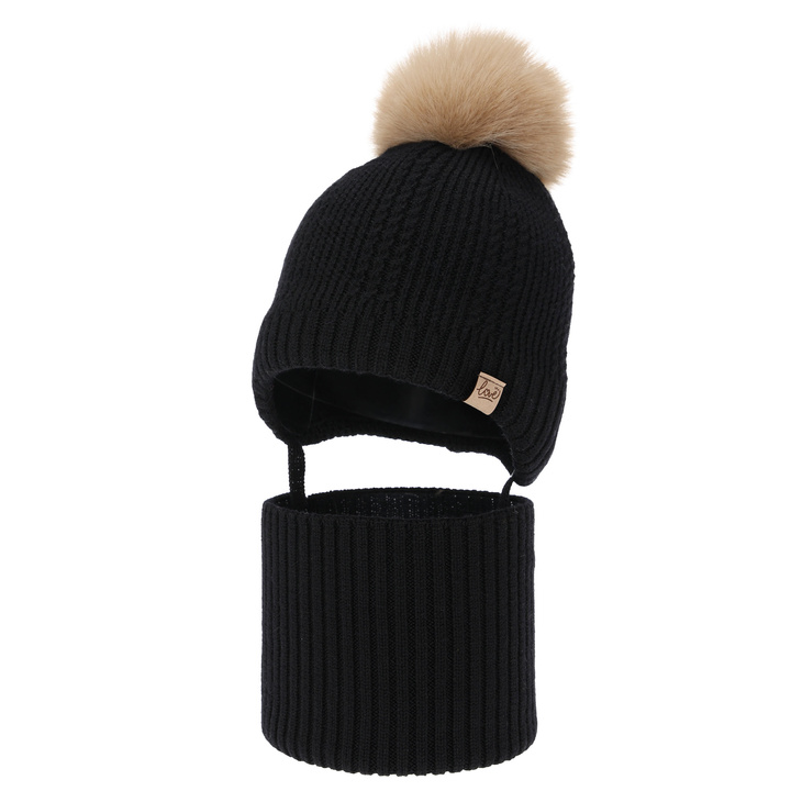 Čepice a tunel pro dívku zimní komplet, černý, 100% merino vlněný, podšitý vlněným polarem, zavazovací Danielle