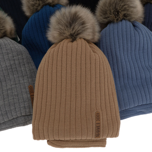 Kompletná zimná detská sada: čiapka a šál tmavě modrý s bambuľou Kalen