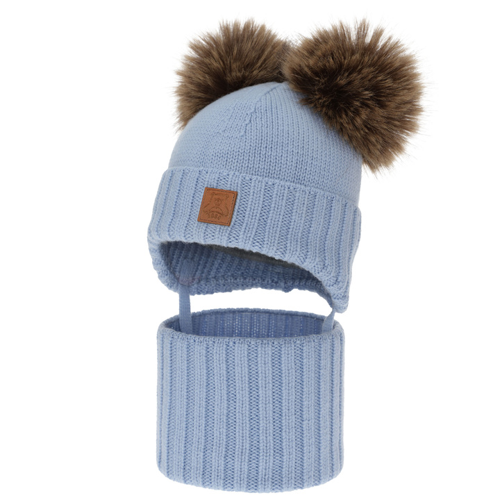 Chlapecká čepice a nákrčník, zimní set, světle modrý, 100% merino vlna, podšitý vlněným polarem, Ronik
