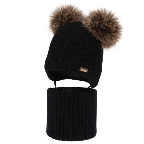 Chlapecká čepice a nákrčník, zimní set, černý, 100% merino vlna, podšitý vlněným polarem, Lumio