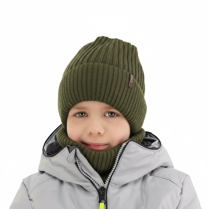 Komplet zimní chlapecký: čepice a tunel, khaki, 100% merino vlna, Gizmo