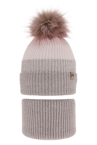 Komplet zimní dívčí: čepice a tunel šedý bambulí Gimena