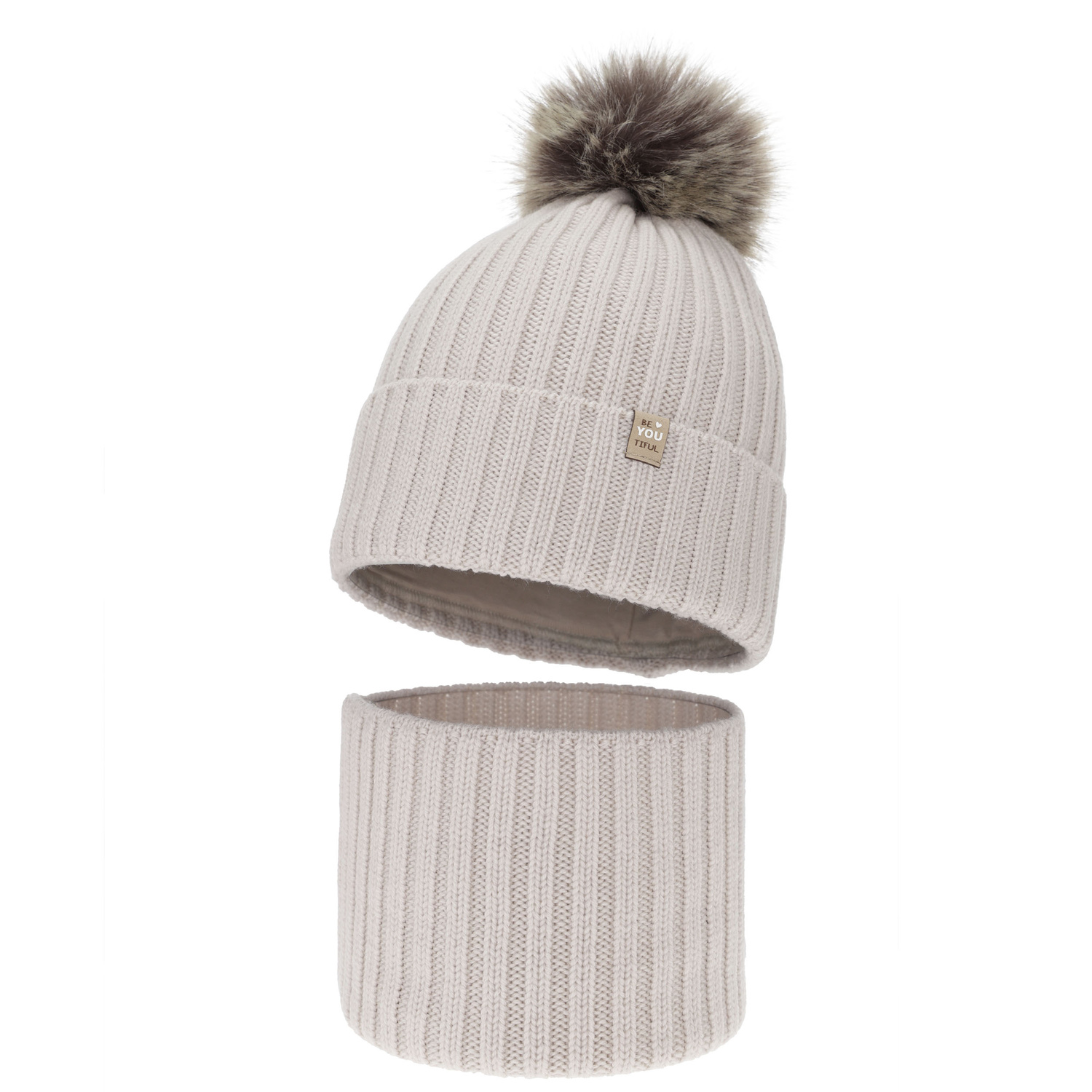 Komplet zimní dívčí: čepice a tunel, béžový, 100% merino vlněný, podšitý bavlnou, s bambulí, Terida