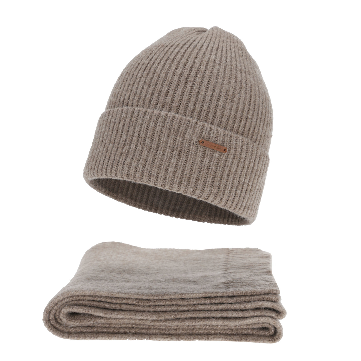 Komplet zimní dámský: čepice a šála, tmavě béžový, s merino vlnou, Seala