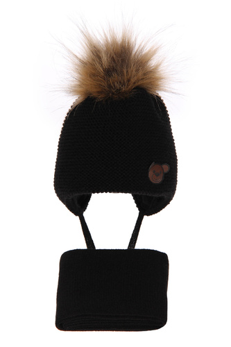 Komplet zimní chlapecký: čepice a šála černý s bambulí Banksi