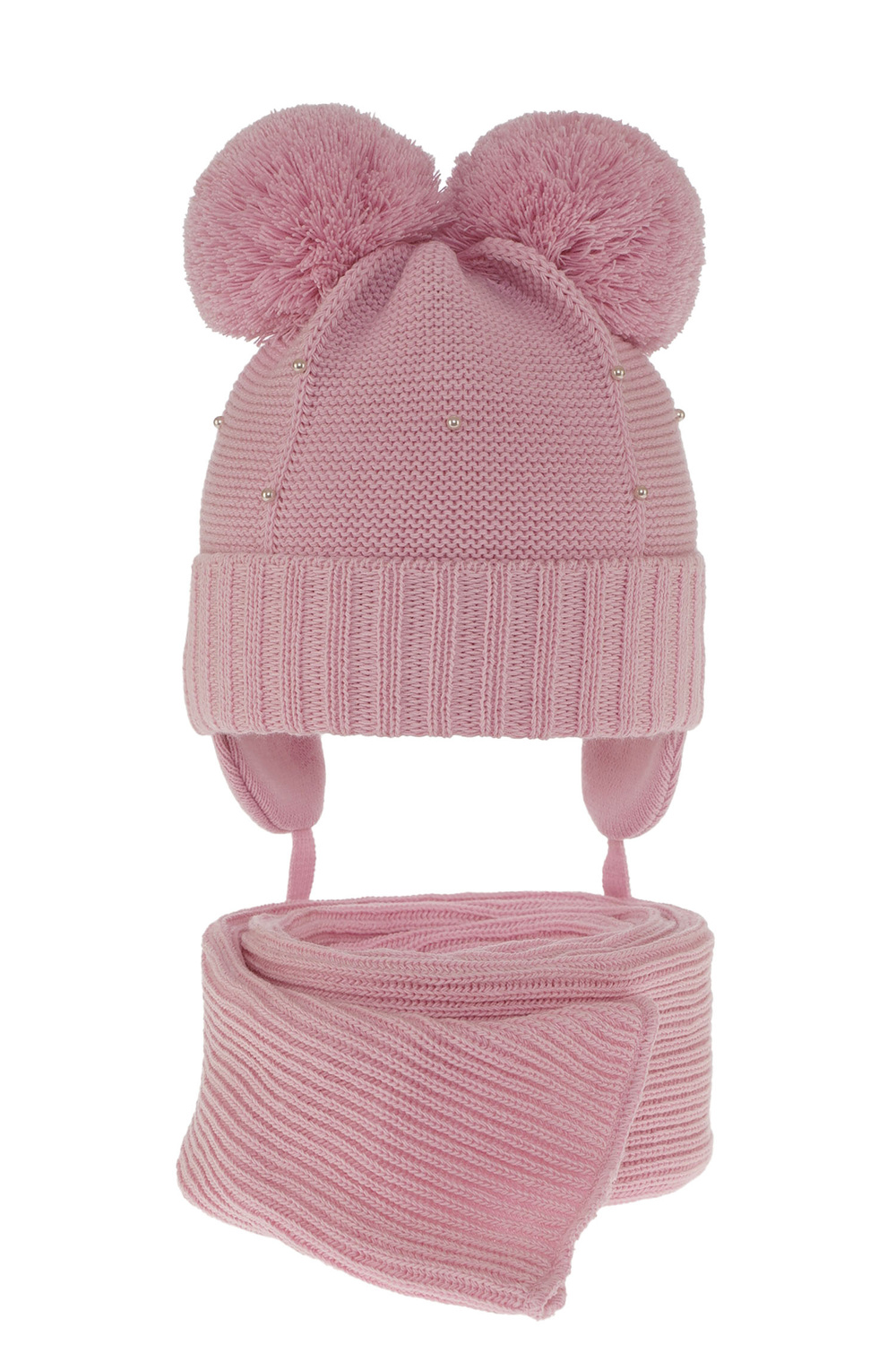 Komplet zimní dívčí: čepice a šála růžový se dvěma bambulemi Fibien