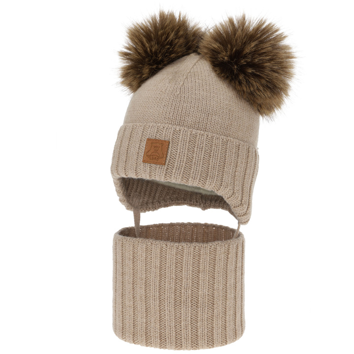 Chlapecká čepice a nákrčník, zimní set, béžový, 100% merino vlna, podšitý vlněným polarem, Ronik