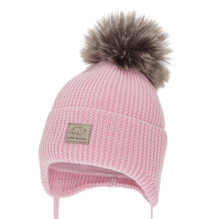 Dívčí zimní čepice, růžová, zavazovací, 100% merino vlněná, Jena