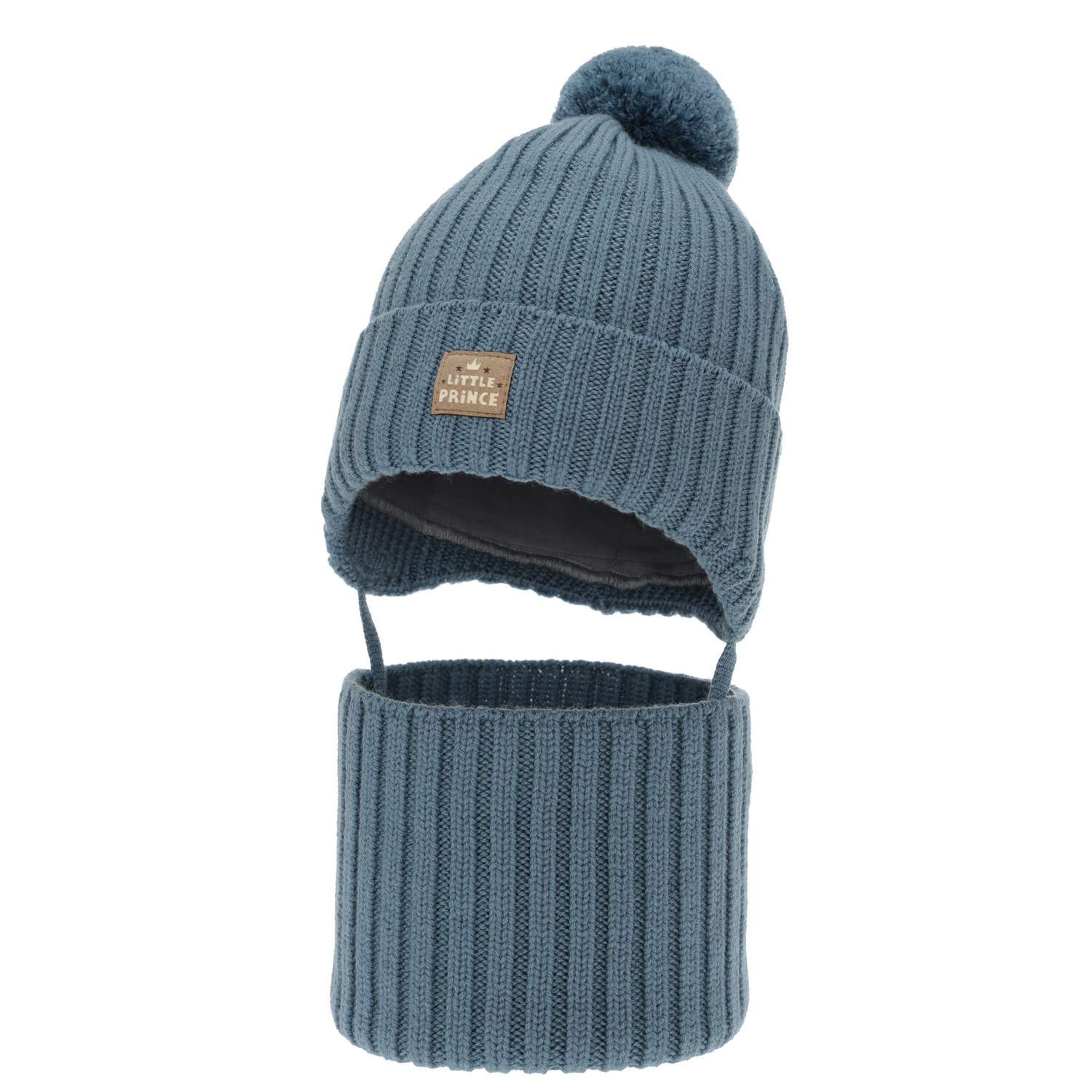 Komplet zimní chlapecký: čepice a tunel, modrý, 100% merino vlněný, podšitý bavlnou, zavazovací, Masil