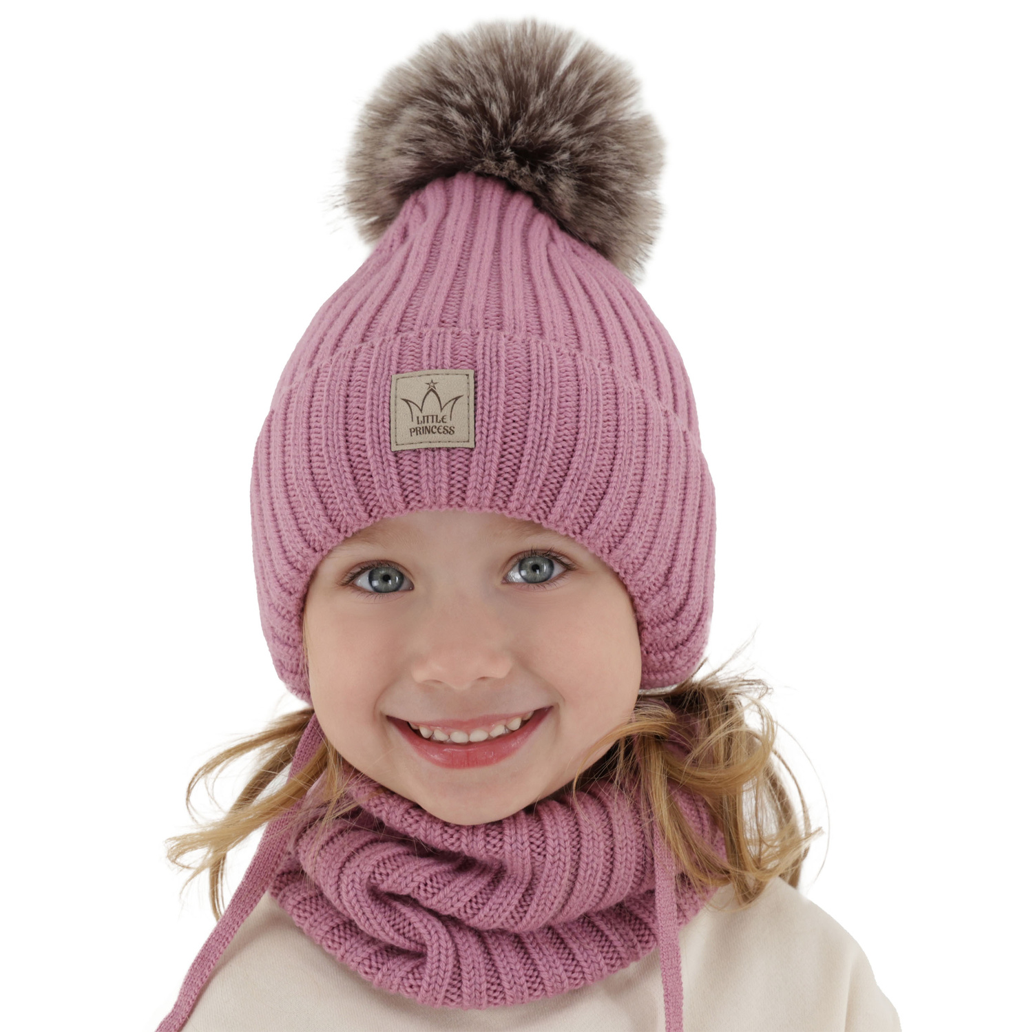 Komplet zimnej dívčí: čepice a tunel růžový 100% extra fine merino vlna s podšívkou z vlnené Martina