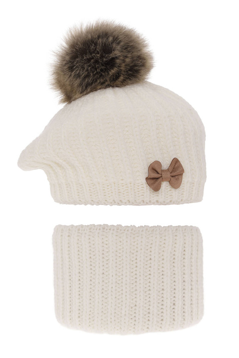 Komplet zimní dívčí: čepice a tunel krémový s bambulí Polinezja