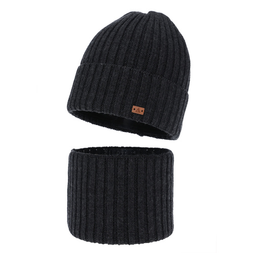 Komplet zimní chlapecký: čepice a tunel, 100% merino vlněný, tmavě šedý, Umberto