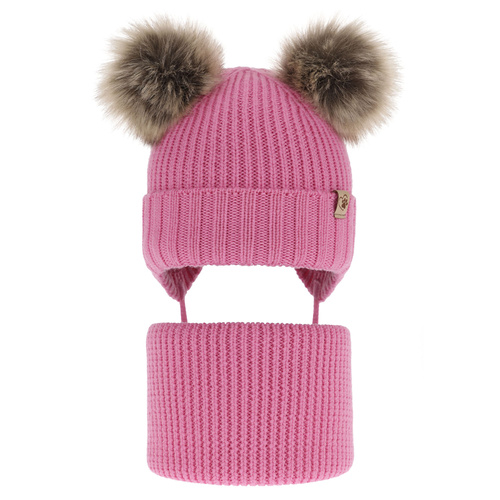 Komplet zimnej dívčí: čepice a tunel růžový 100% extra fine merino vlna Silvia