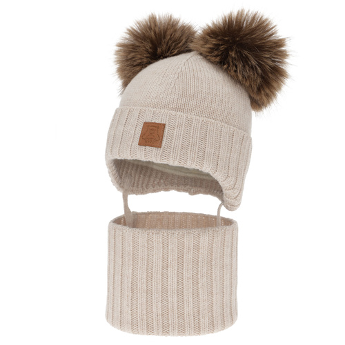 Chlapecká čepice a nákrčník, zimní set, světle béžový, 100% merino vlna, podšitý vlněným polarem, Ronik